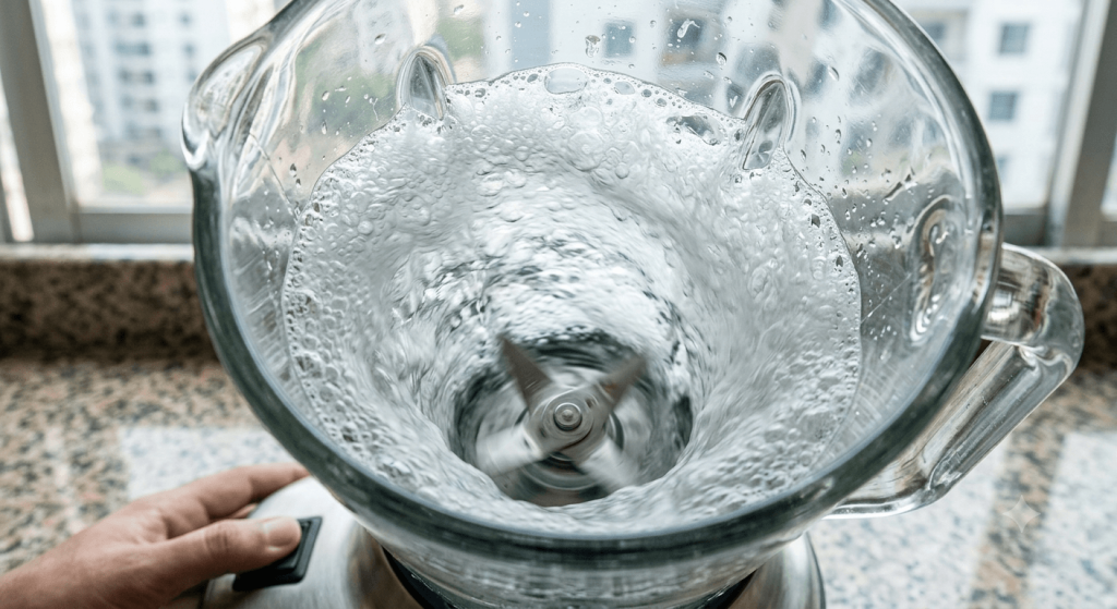 Self-cleaning a smart blender jar with warm water and dish soap.