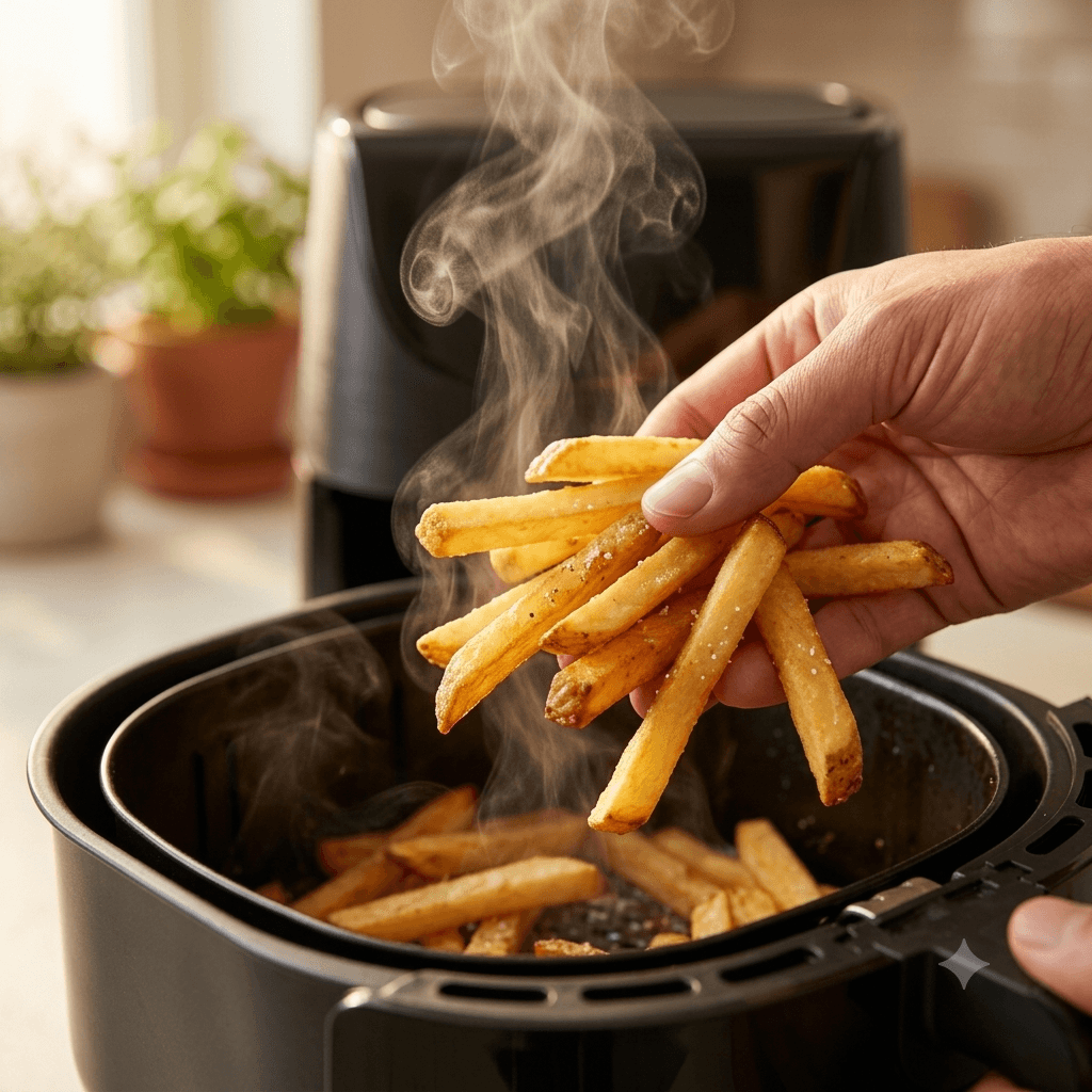 Crispy food coming out of an air fryer basket
