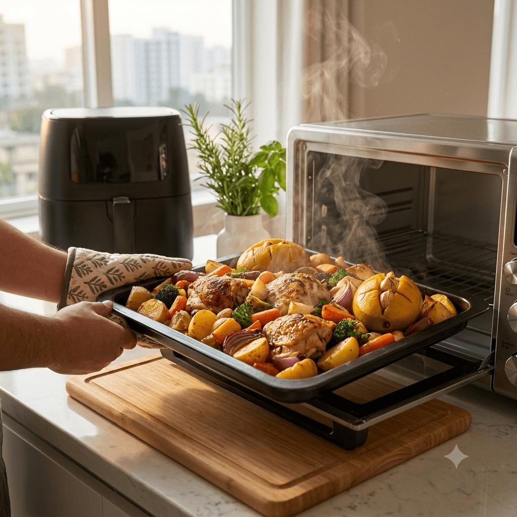 Family-sized meal being roasted in a convection oven