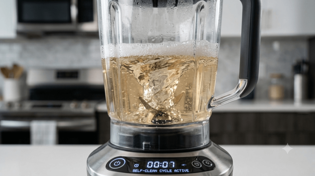 Self-cleaning a smart blender jar with warm water and dish soap.