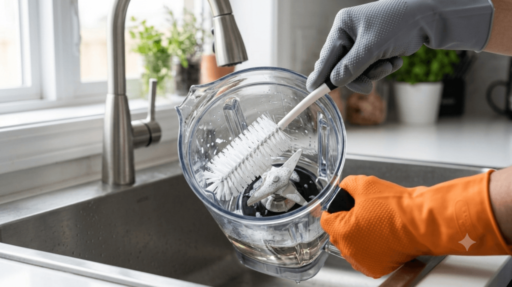 Safely cleaning a smart blender's blade assembly with a brush.