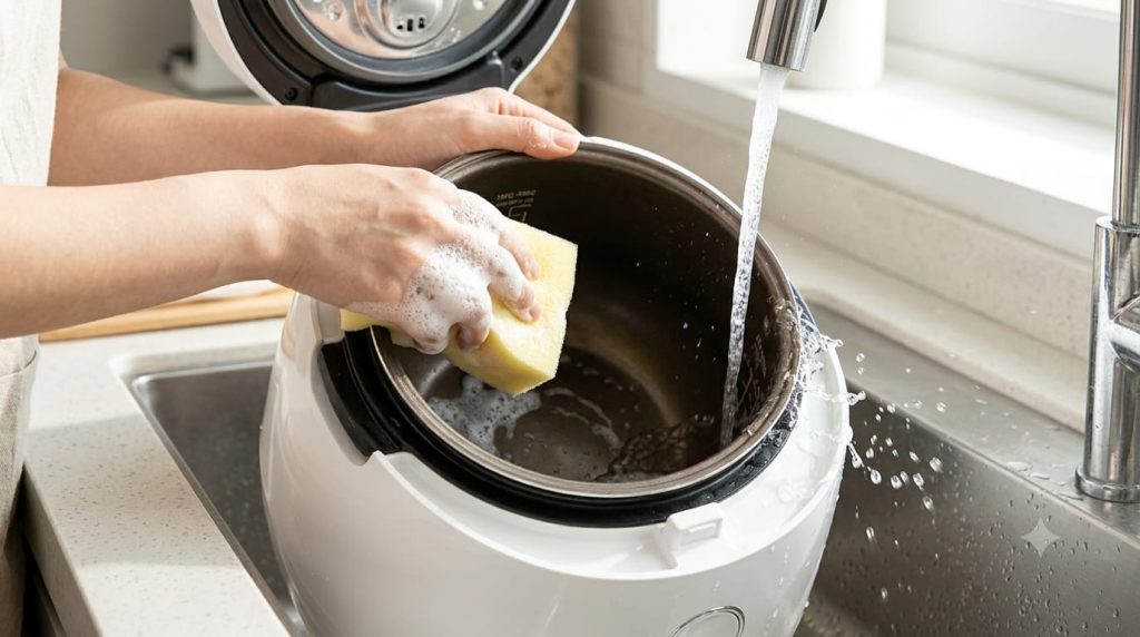 Washing the inner pot of a Cuckoo rice cooker with a soft soapy sponge