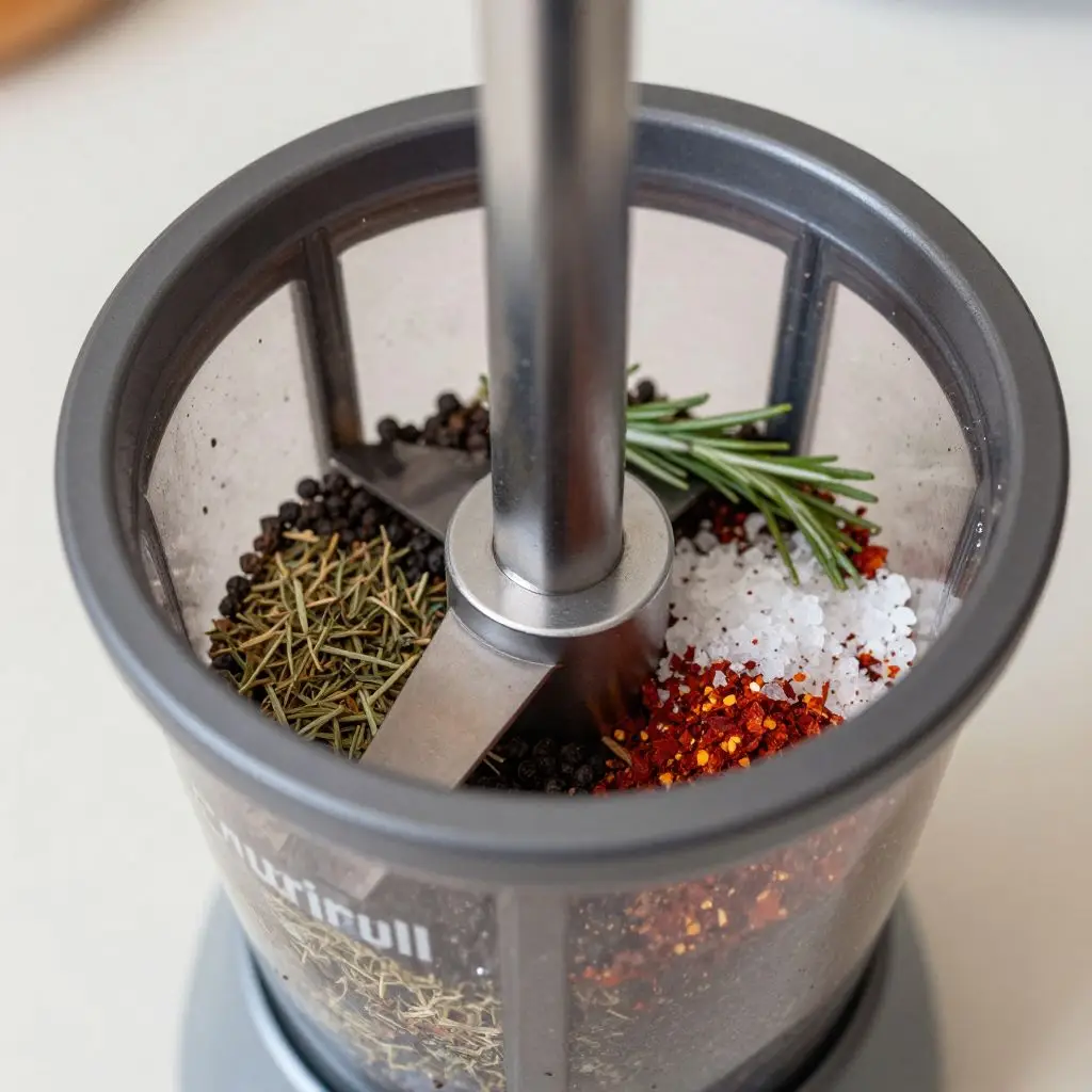 Whole spices inside a blender showing how to use your Nutribullet for smoking a turkey dry rub prep