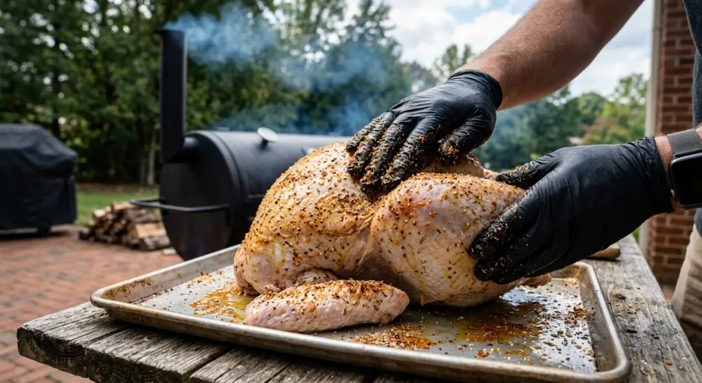 Applying a freshly ground seasoning blend during the best smoked turkey prep process