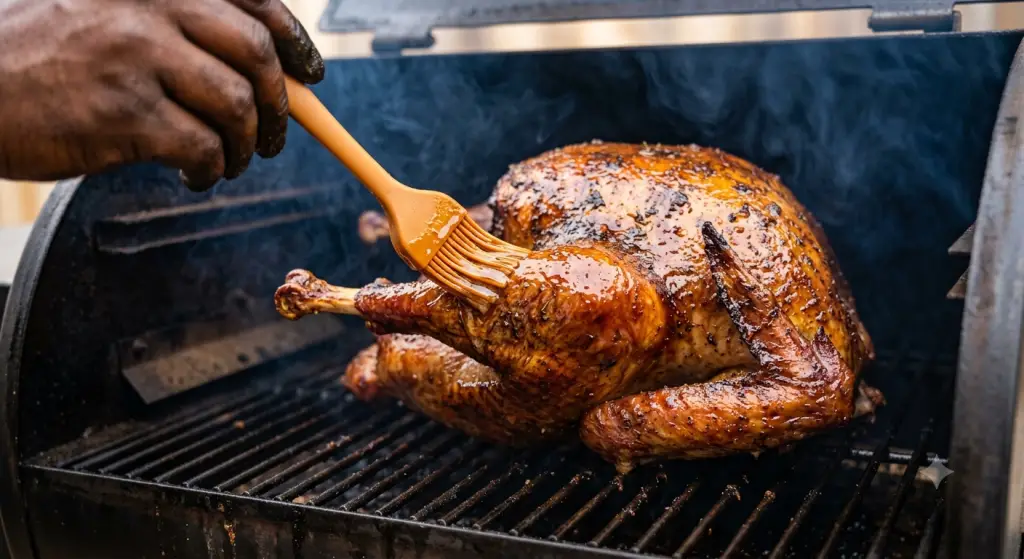 Basting a whole turkey with glaze, demonstrating how to use your Nutribullet for smoking a turkey perfectly