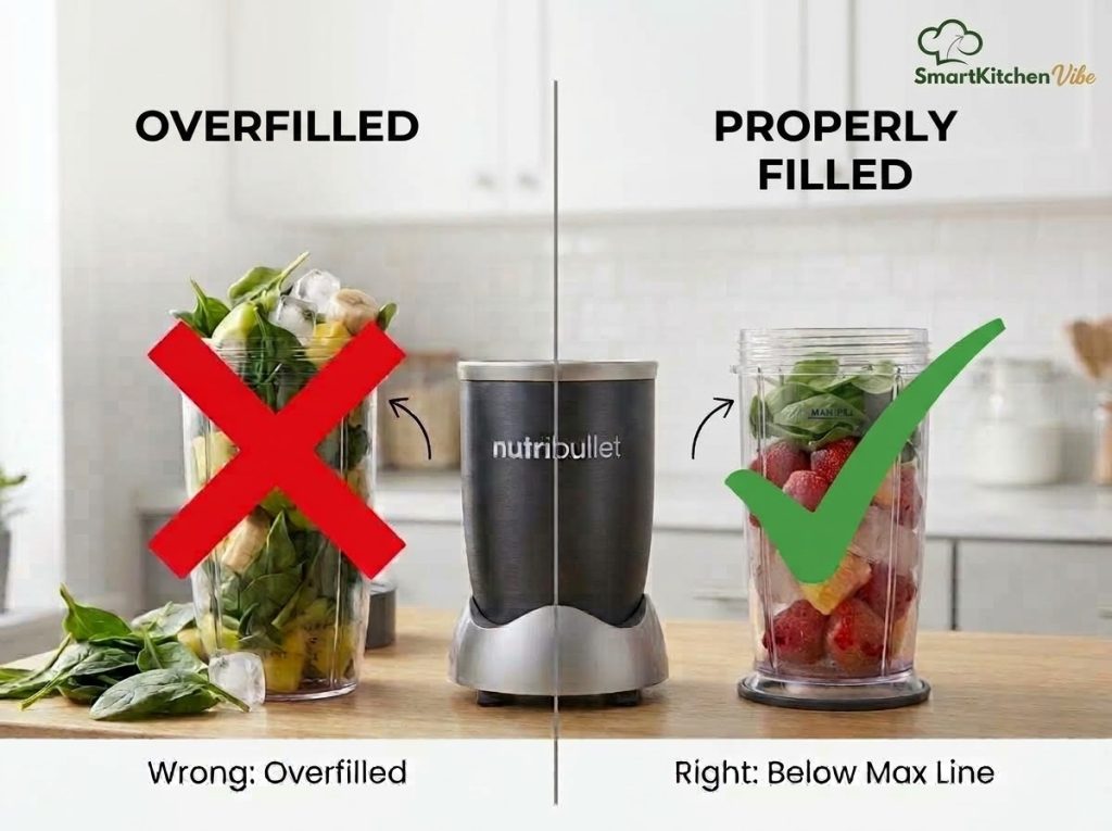 NutriBullet blender cup filled with dry frozen fruits and ice without enough liquid to blend safely NutriBullet blender cup filled with dry frozen fruits and ice without enough liquid to blend safely
