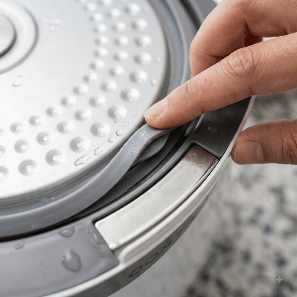 A hand adjusting a rice cooker sealing ring that is not seated properly 