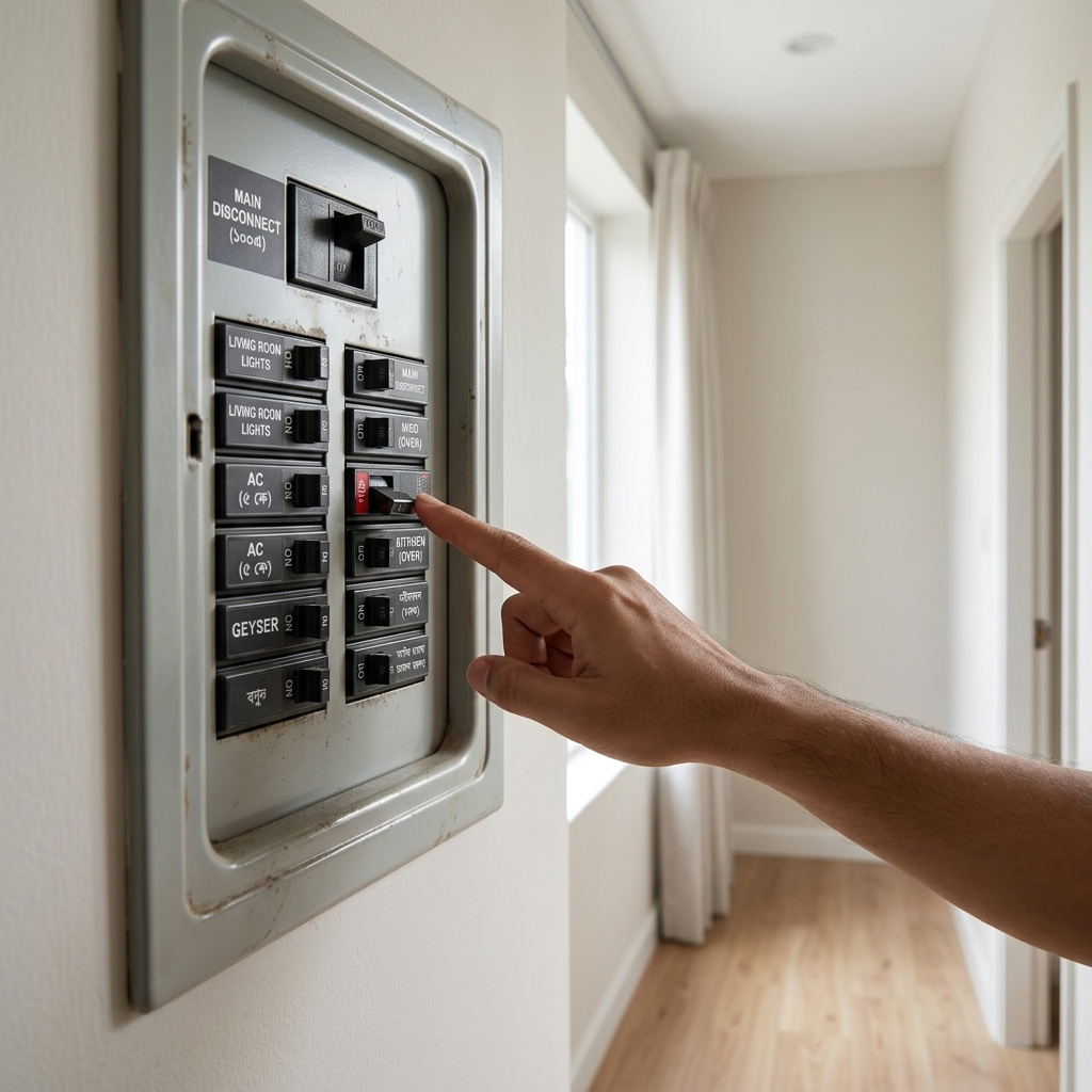 A person checking a circuit breaker panel for a tripped breaker