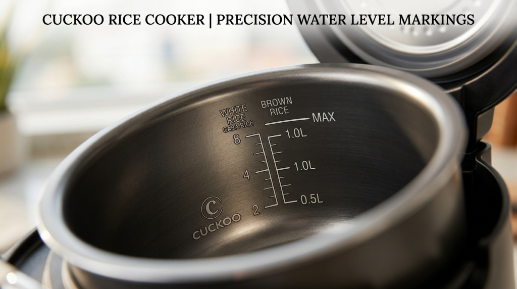 Close up of water level line inside Cuckoo rice cooker inner pot