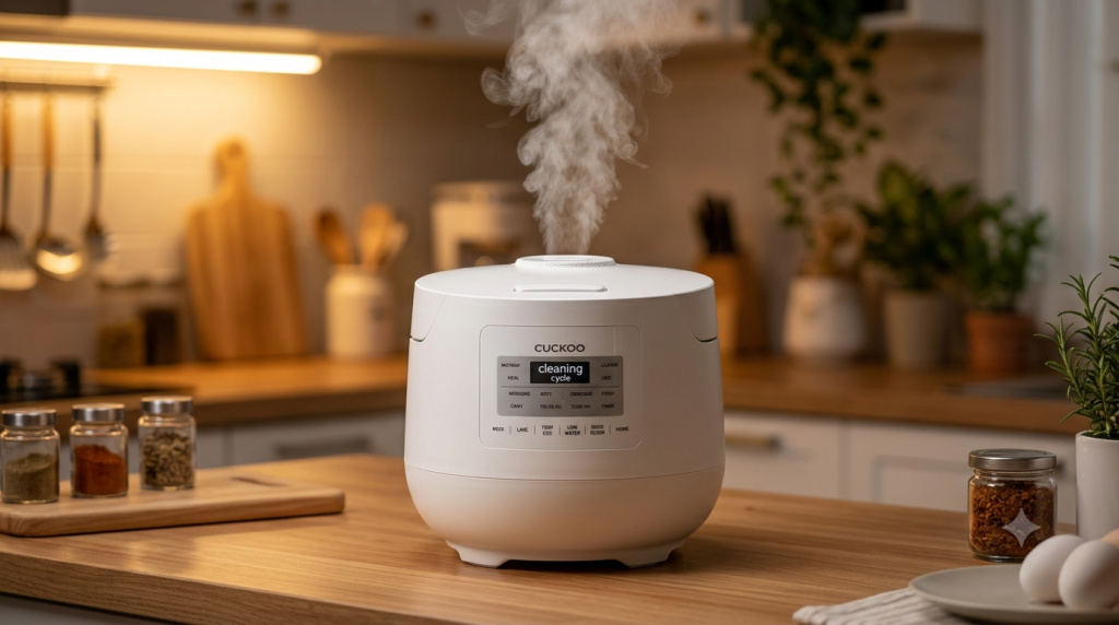 Cuckoo rice cooker running its auto-steam cleaning cycle