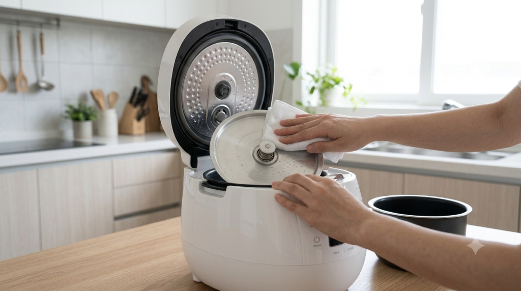 Cleaning the center thermal sensor plate inside a Cuckoo rice cooker base.