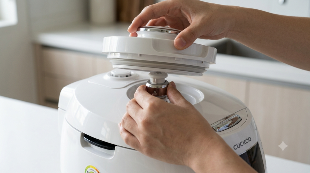 Removing the steam cap and pressure valve from a Cuckoo rice cooker lid.