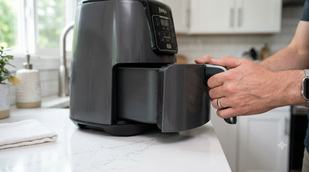 Pushing an air fryer basket firmly into place to fix power issues