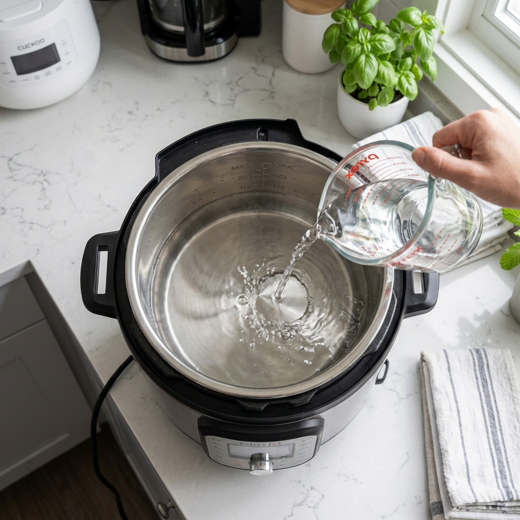 Adding water to an Instant Pot inner pot before pressure cooking.