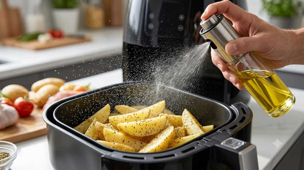 Sprayed olive oil mist onto potato wedges using a glass sprayer bottle