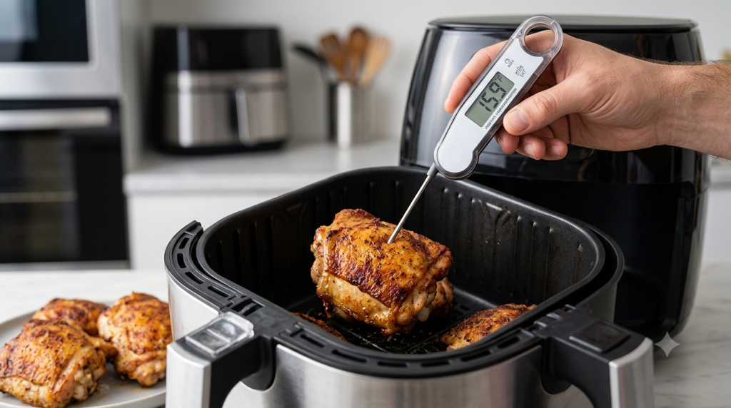 Digital meat thermometer checking temperature of roasted chicken in air fryer