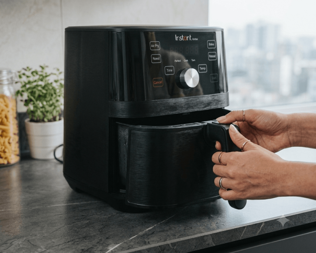 Instant Vortex Air Fryer not turning on — reinserting the basket to engage the safety switch.