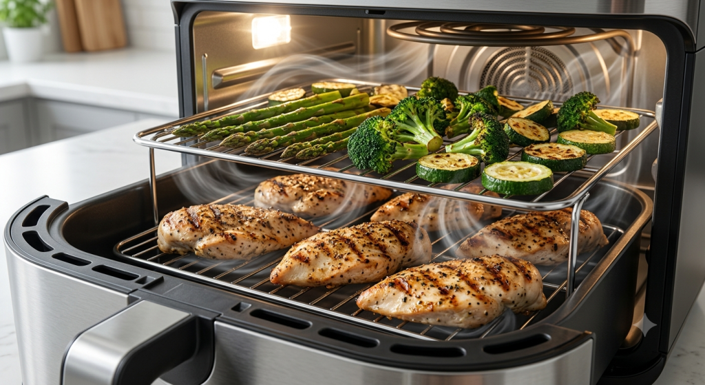 Stainless steel two-tier rack inside an air fryer basket with food