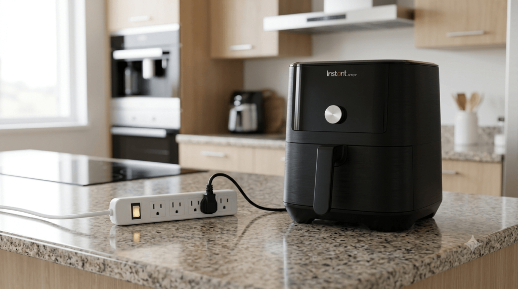 Plugging an Instant Vortex Air Fryer into a surge protector to prevent power damage 