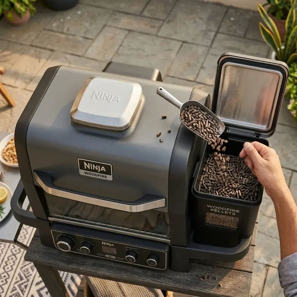 Pouring wood pellets into the Ninja Woodfire smoke box