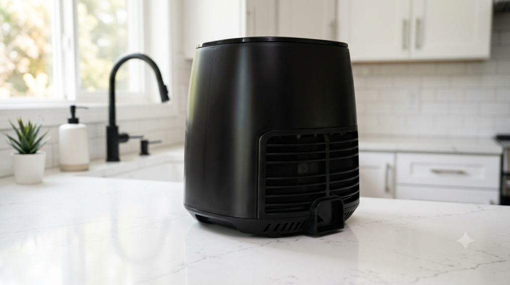 Properly placed air fryer on a kitchen counter with space around exhaust vents