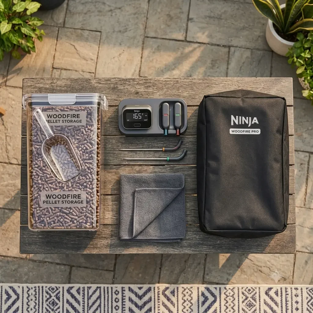 Recommended Ninja Woodfire accessories including pellet storage and meat thermometer