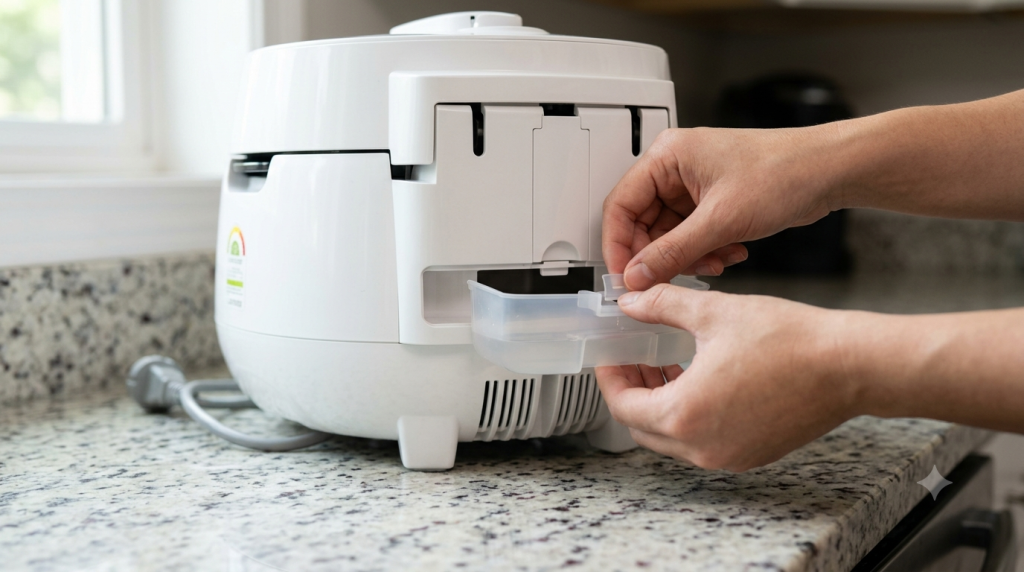 Removing the dew collector cup from the back of a Cuckoo rice cooker.