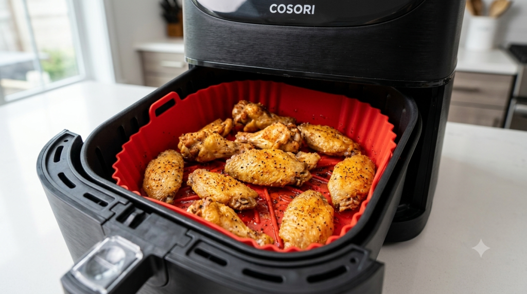 Red reusable silicone air fryer liner filled with crispy French fries