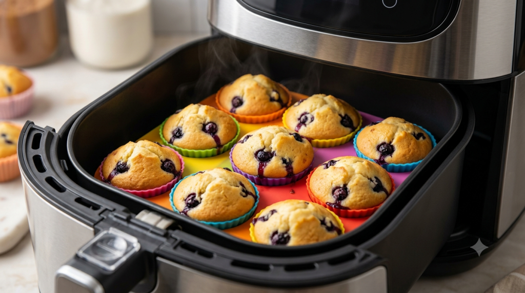 Baked blueberry muffins inside a silicone mold in an air fryer