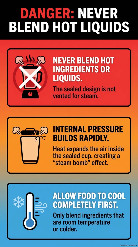 Warning guide explaining why you should never blend hot liquids in a sealed NutriBullet cup to prevent smoke and pressure build up.