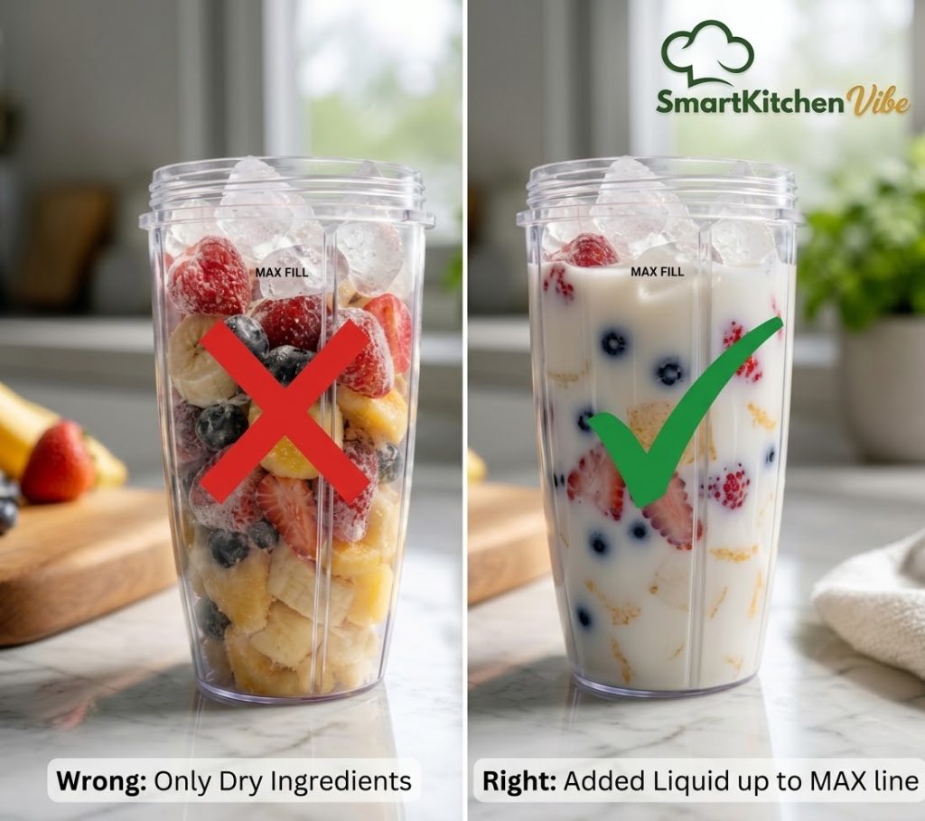 ​Comparison showing a NutriBullet cup with only dry ingredients versus a cup safely filled with liquid up to the max line