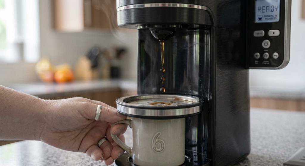 A coffee maker's lid being closed firmly to engage the internal safety switch