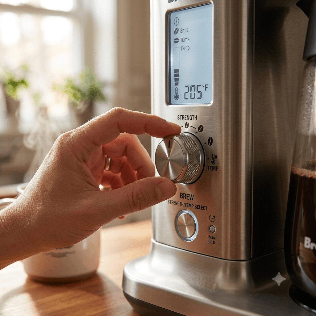 Adjusting the temperature setting on a coffee maker that's brewing lukewarm coffee.