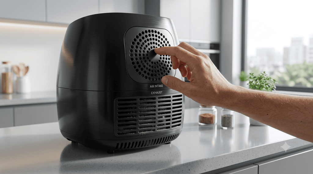 Checking air fryer vents for blockages causing a whistling noise