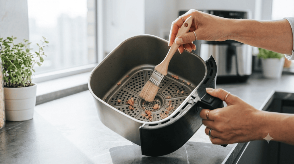 Cleaning food debris from an air fryer basket with a soft brush to fix rattling noise