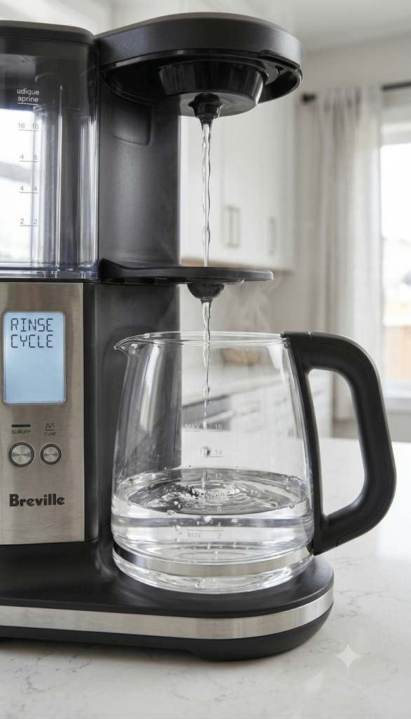 Clear water rinsing a coffee maker after descaling