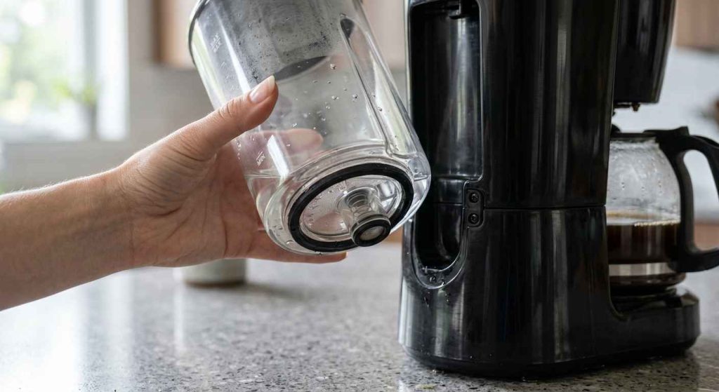 Close-up of a coffee maker's water reservoir being removed