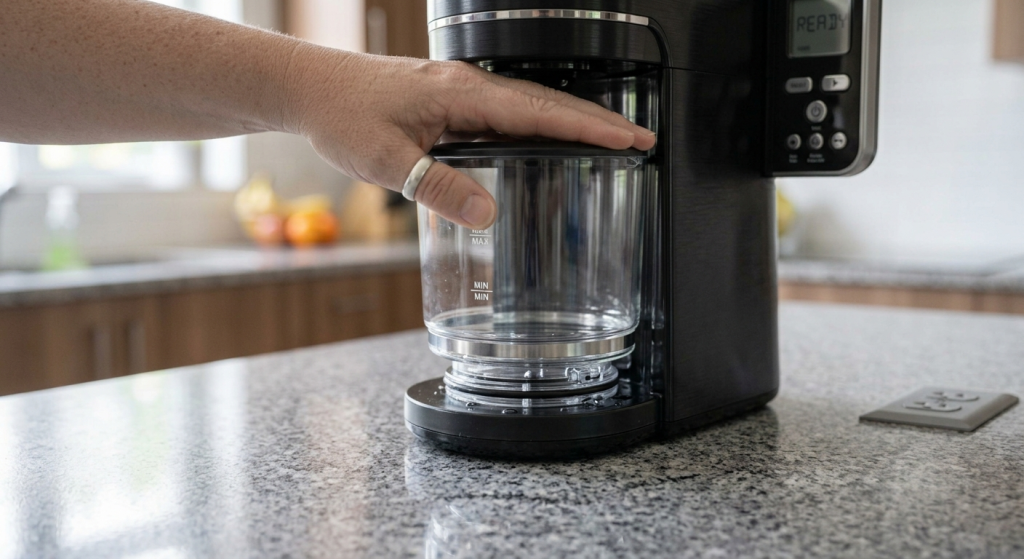 Close-up of a coffee maker's water reservoir being reseated into its base