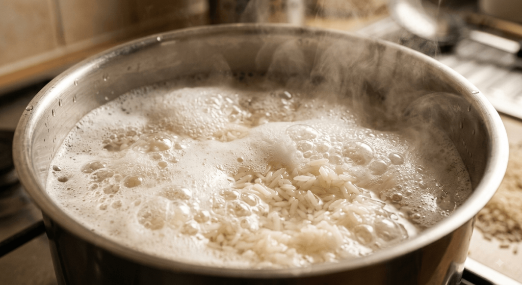 Close-up of starchy white foam bubbling in boiling