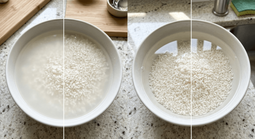 Cloudy unrinsed rice water next to clear rinsed ri