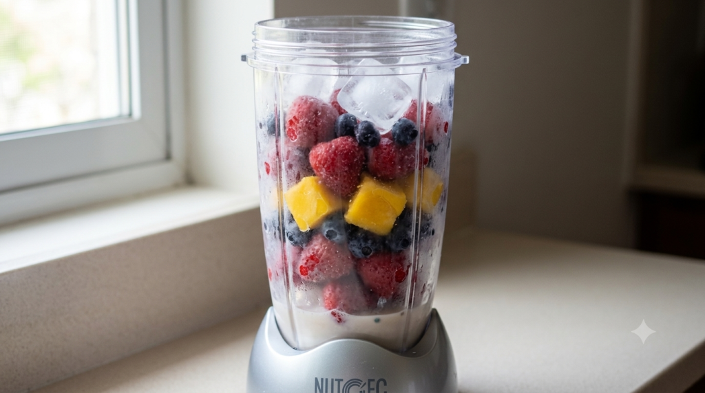 NutriBullet cup filled mostly with frozen fruit 