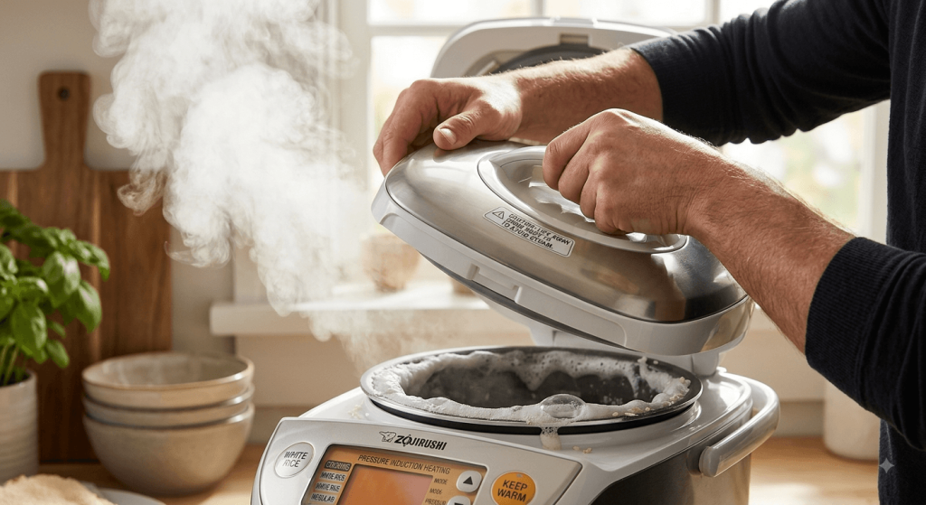 Hand carefully lifting rice cooker lid away