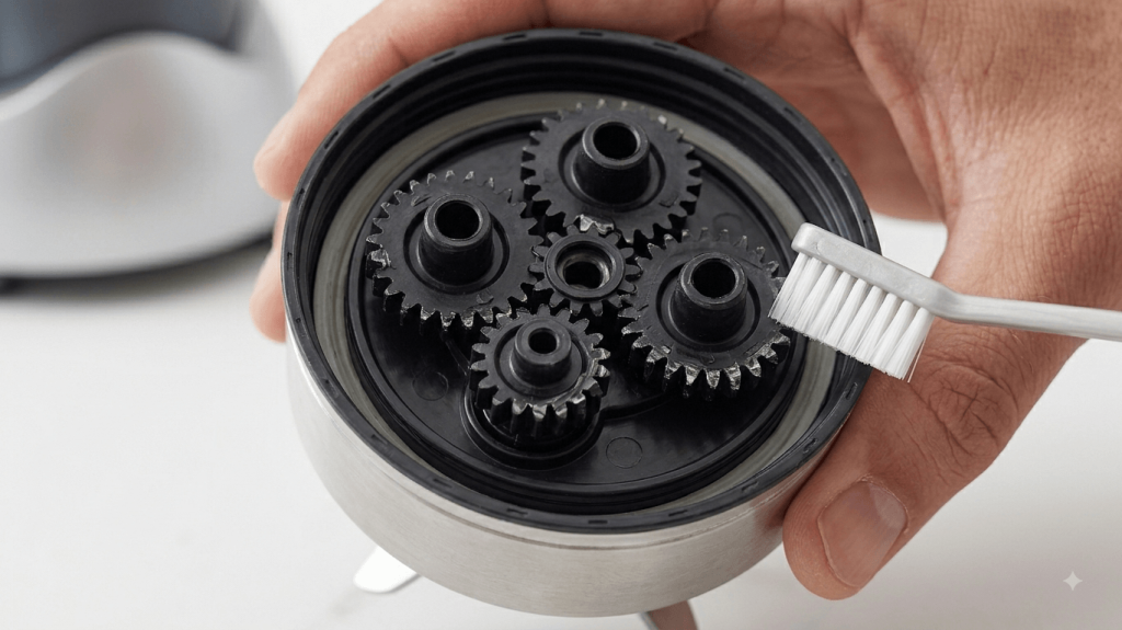 Inspecting a worn NutriBullet drive gear for signs of a rubber smell.