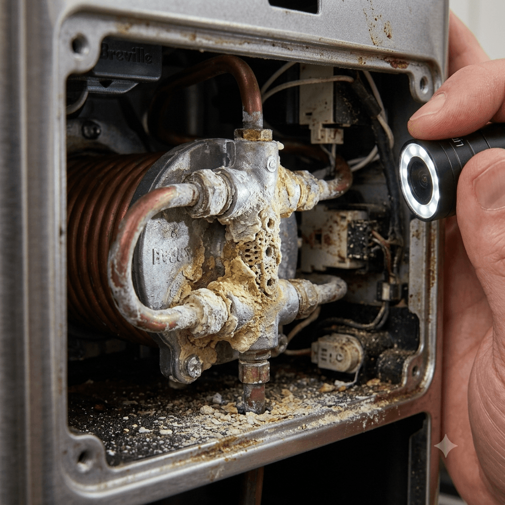 Mineral buildup on a coffee maker's heating element causing lukewarm coffee.