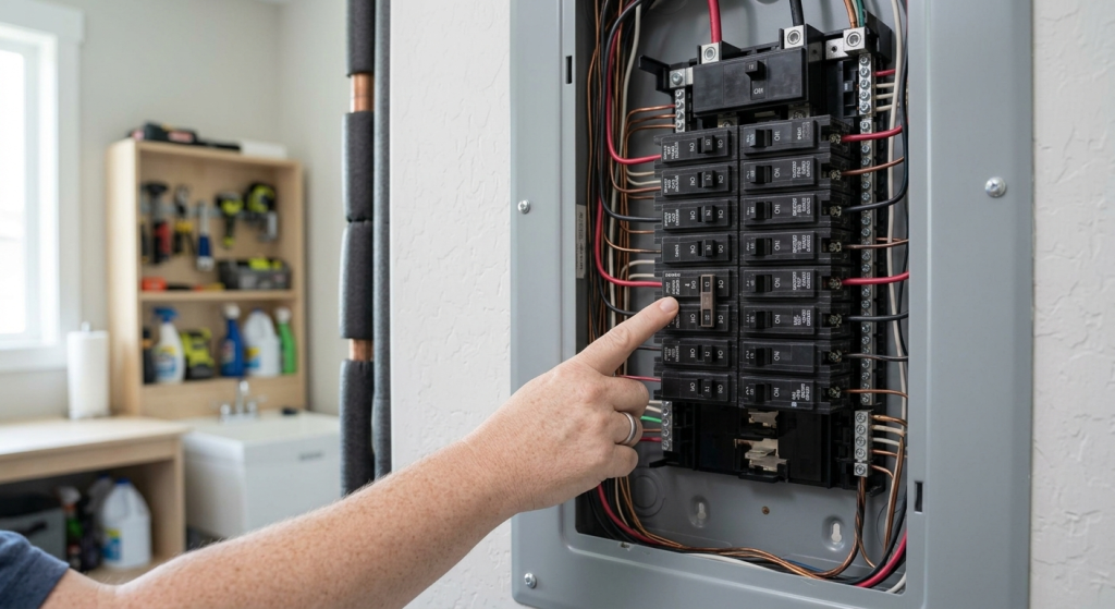 Person checking a home electrical breaker panel for a tripped switch