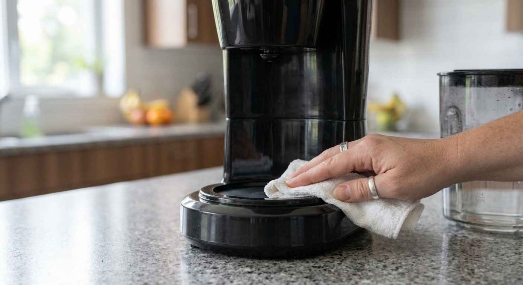 Person wiping down and cleaning the base of a coffee maker