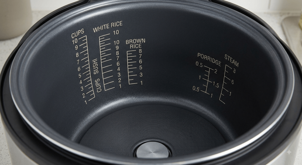 Rice cooker inner pot showing the maximum water fi