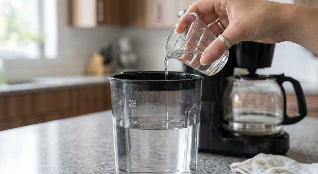 Someone using a vinegar-water solution to descale a coffee