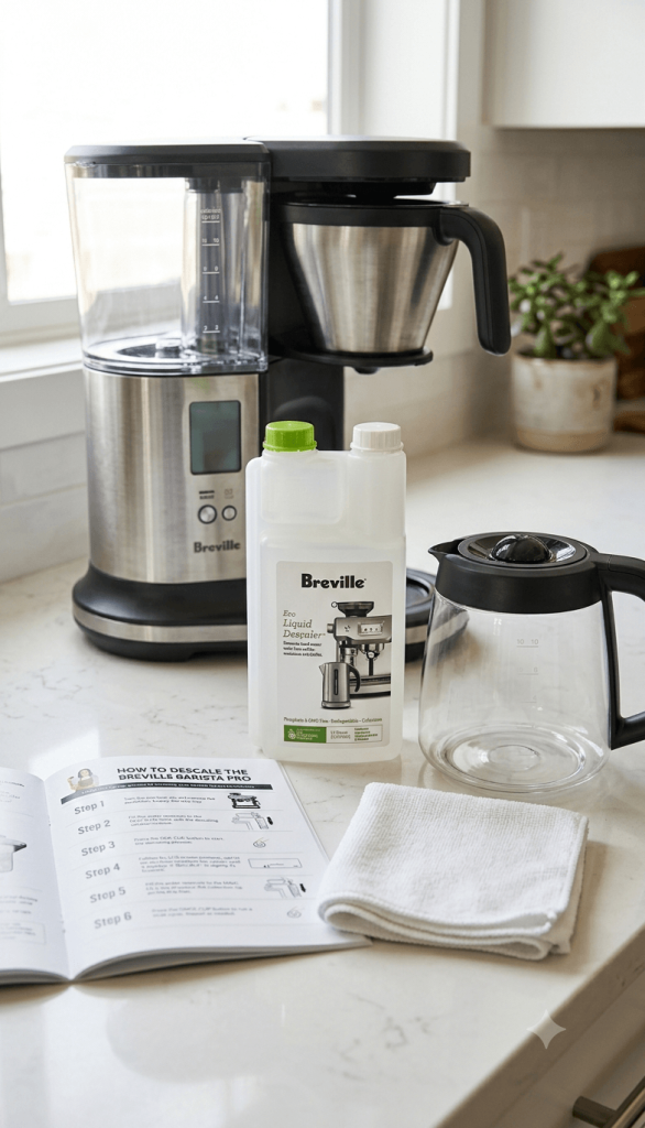 Supplies needed to descale a coffee maker properly.