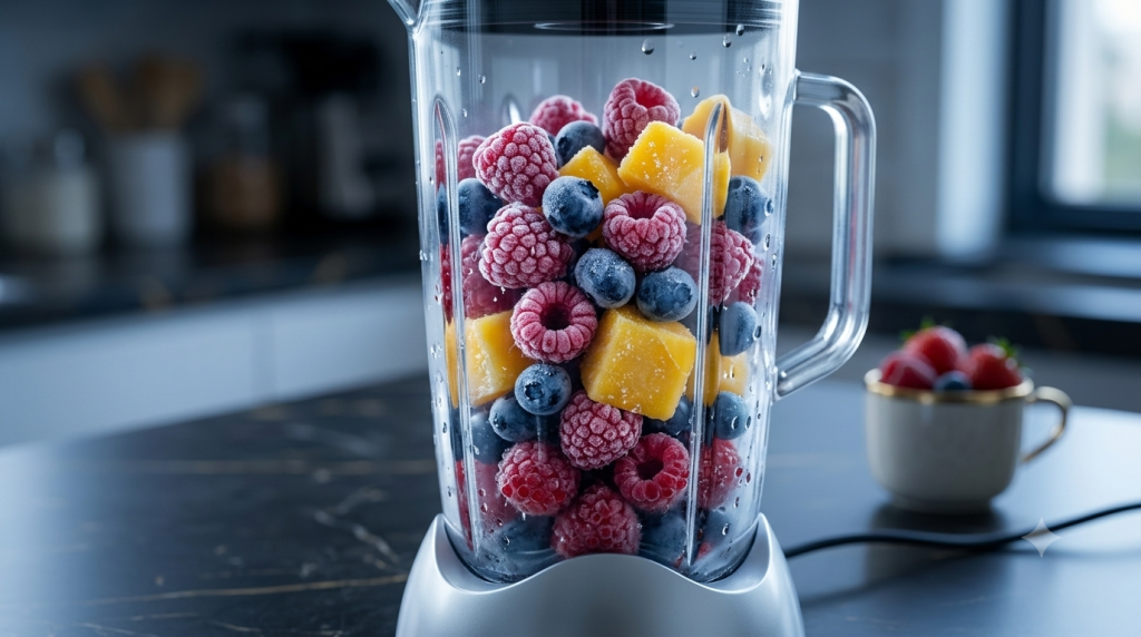 blender blade jam frozen fruit close up